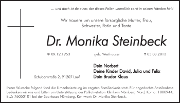 Traueranzeige von Monika Steinbeck von Pegnitz-Zeitung